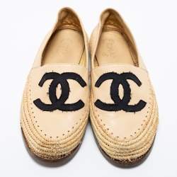 Pre Owned Chanel Beige  Leather and Raffia CC Espadrilles Size 38