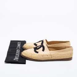 Pre Owned Chanel Beige  Leather and Raffia CC Espadrilles Size 38