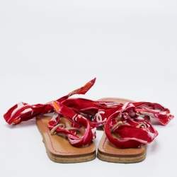 Chanel Pink Printed Fabric Gladiator Ankle Tie Flats Size 37