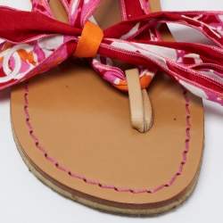Chanel Pink Printed Fabric Gladiator Ankle Tie Flats Size 37