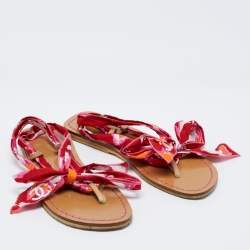 Chanel Pink Printed Fabric Gladiator Ankle Tie Flats Size 37