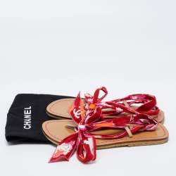 Chanel Pink Printed Fabric Gladiator Ankle Tie Flats Size 37