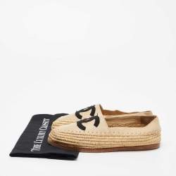 Pre Owned Chanel Cream Leather CC Raffia Flat Espadrilles Size 37.5