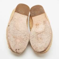 Pre Owned Chanel Cream Leather CC Raffia Flat Espadrilles Size 37.5