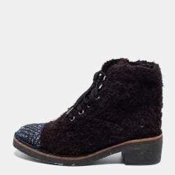 مملوكة مسبقًا Chanel Burgundy/Grey Tweed Ankle Boots Size 37.5 