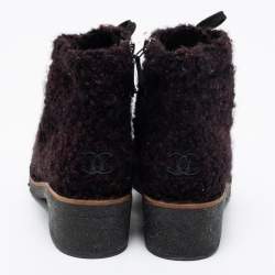 مملوكة مسبقًا Chanel Burgundy/Grey Tweed Ankle Boots Size 37.5 
