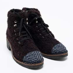 مملوكة مسبقًا Chanel Burgundy/Grey Tweed Ankle Boots Size 37.5 