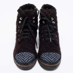 مملوكة مسبقًا Chanel Burgundy/Grey Tweed Ankle Boots Size 37.5 