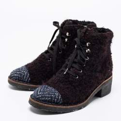 مملوكة مسبقًا Chanel Burgundy/Grey Tweed Ankle Boots Size 37.5 