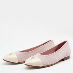 Pre Owned Chanel Pink Knit Fabric and Patent Leather CC Cap Toe Ballet Flats Size 36
