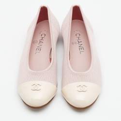 Pre Owned Chanel Pink Knit Fabric and Patent Leather CC Cap Toe Ballet Flats Size 36