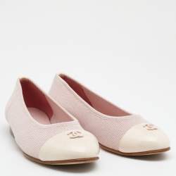 Pre Owned Chanel Pink Knit Fabric and Patent Leather CC Cap Toe Ballet Flats Size 36