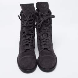 Chanel Dark Grey Suede Interlocking CC Logo Combat Boots Size 38