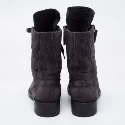 Chanel Dark Grey Suede Interlocking CC Logo Combat Boots Size 38
