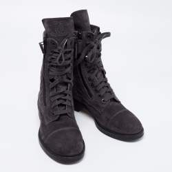 Chanel Dark Grey Suede Interlocking CC Logo Combat Boots Size 38