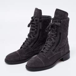 Chanel Dark Grey Suede Interlocking CC Logo Combat Boots Size 38