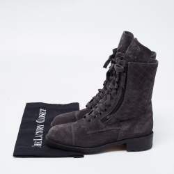 Chanel Dark Grey Suede Interlocking CC Logo Combat Boots Size 38