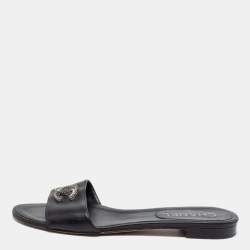 Chanel Black Leather CC Logo Flat Slide Sandals Size 36.5 Chanel