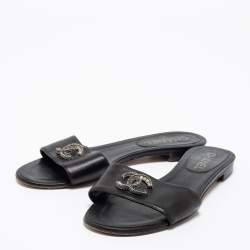 Chanel Black Leather CC Logo Flat Slide Sandals Size 36.5 Chanel
