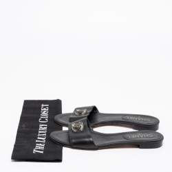 Pre Owned Chanel Black Leather CC Logo Flat Slide Sandals Size 36.5