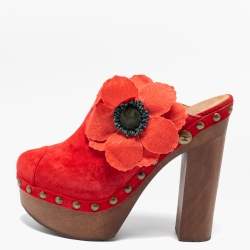 Chanel Red Suede Camellia Embellished Wooden Clogs Size 39