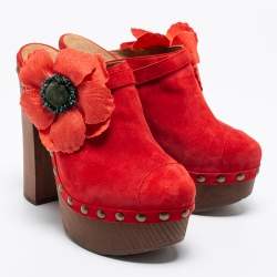 Chanel Red Suede Camellia Embellished Wooden Clogs Size 39