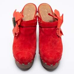 Chanel Red Suede Camellia Embellished Wooden Clogs Size 39