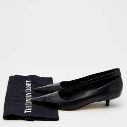 Pre Owned Chanel Black Leather And Patent Leather CC Cap Toe Kitten Heel Pumps Size 37.5