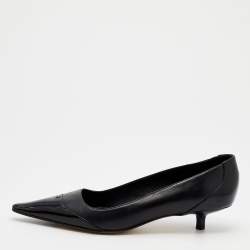 Pre Owned Chanel Black Leather And Patent Leather CC Cap Toe Kitten Heel Pumps Size 37.5