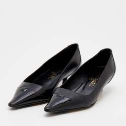 Pre Owned Chanel Black Leather And Patent Leather CC Cap Toe Kitten Heel Pumps Size 37.5