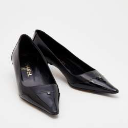 Pre Owned Chanel Black Leather And Patent Leather CC Cap Toe Kitten Heel Pumps Size 37.5