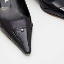 Pre Owned Chanel Black Leather And Patent Leather CC Cap Toe Kitten Heel Pumps Size 37.5