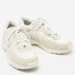 Pre Owned Chanel White/Grey Leather And Suede CC Low-Top Sneakers Size 36.5