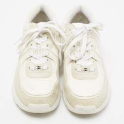 Pre Owned Chanel White/Grey Leather And Suede CC Low-Top Sneakers Size 36.5