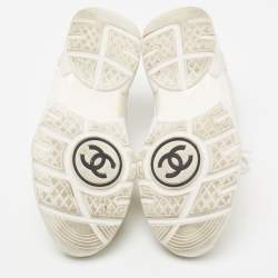 Pre Owned Chanel White/Grey Leather And Suede CC Low-Top Sneakers Size 36.5