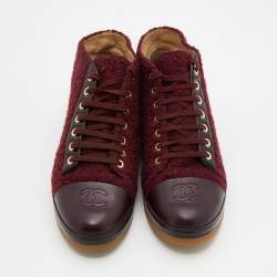 Chanel Burgundy Tweed And Leather CC Cap Toe Ankle Boots Size 37.5