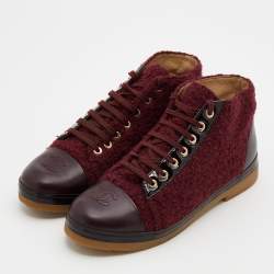 Chanel Burgundy Tweed And Leather CC Cap Toe Ankle Boots Size 37.5
