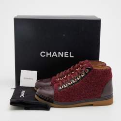 Chanel Burgundy Tweed And Leather CC Cap Toe Ankle Boots Size 37.5
