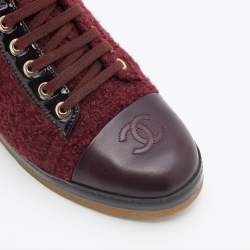 Chanel Burgundy Tweed And Leather CC Cap Toe Ankle Boots Size 37.5