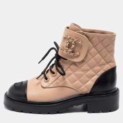 Chanel Beige/Black Quilted Leather Chain Combat Lace Up Tie Ankle