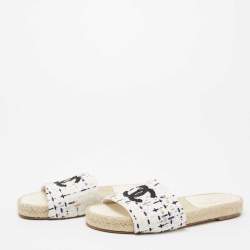 مملوكة مسبقًا حذاء فلات شانيل إسبادريل سلايد سي سي تويد أبيض/أسود مقاس 38