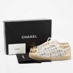Pre Owned Chanel Multicolor Tweed And Leather CC Cap Toe Espadrille Low Top Sneakers Size 37