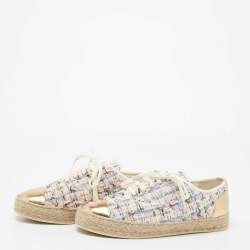 Pre Owned Chanel Multicolor Tweed And Leather CC Cap Toe Espadrille Low Top Sneakers Size 37