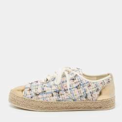 Pre Owned Chanel Multicolor Tweed And Leather CC Cap Toe Espadrille Low Top Sneakers Size 37