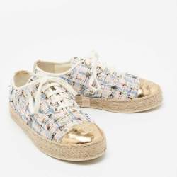 Pre Owned Chanel Multicolor Tweed And Leather CC Cap Toe Espadrille Low Top Sneakers Size 37