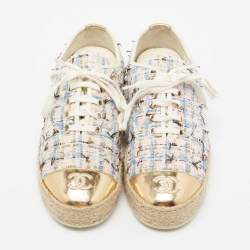 Pre Owned Chanel Multicolor Tweed And Leather CC Cap Toe Espadrille Low Top Sneakers Size 37