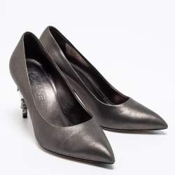 Pre Owned Chanel Metallic Grey Nubuck Leather Pearl and Snake Embellished Pumps Size 36.5