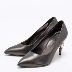 Pre Owned Chanel Metallic Grey Nubuck Leather Pearl and Snake Embellished Pumps Size 36.5