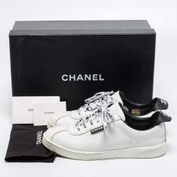 Pre Owned Chanel White Leather Logo Lace-Up Sneakers Size 37.5