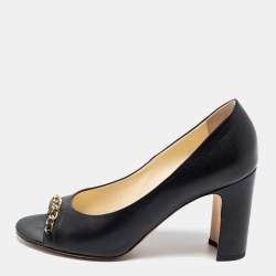 Pre Owned Chanel Black Leather Chain Trim Peep Toe Block Heel  Pumps Size 37 